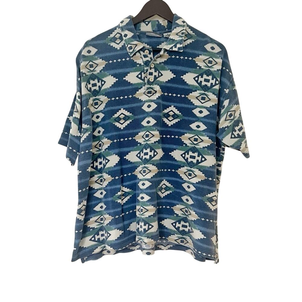 Vintage 90s Western Aztec Print Blue Polo